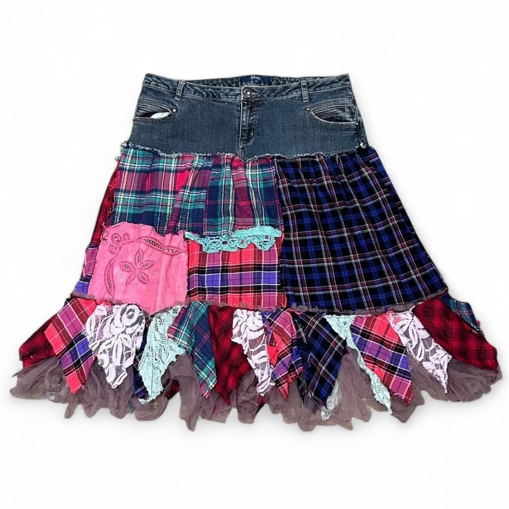 Unique Patchwork Denim and Plaid Skirt
